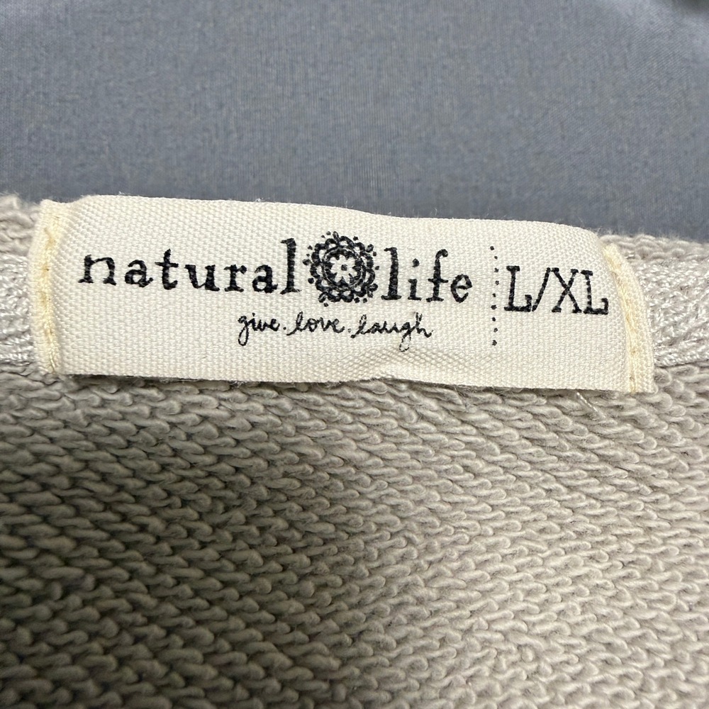 Natural Life Hoodie Womens L/XL Gray Raw Edge Pullover French Terry Boho Earthy - Picture 2 of 10